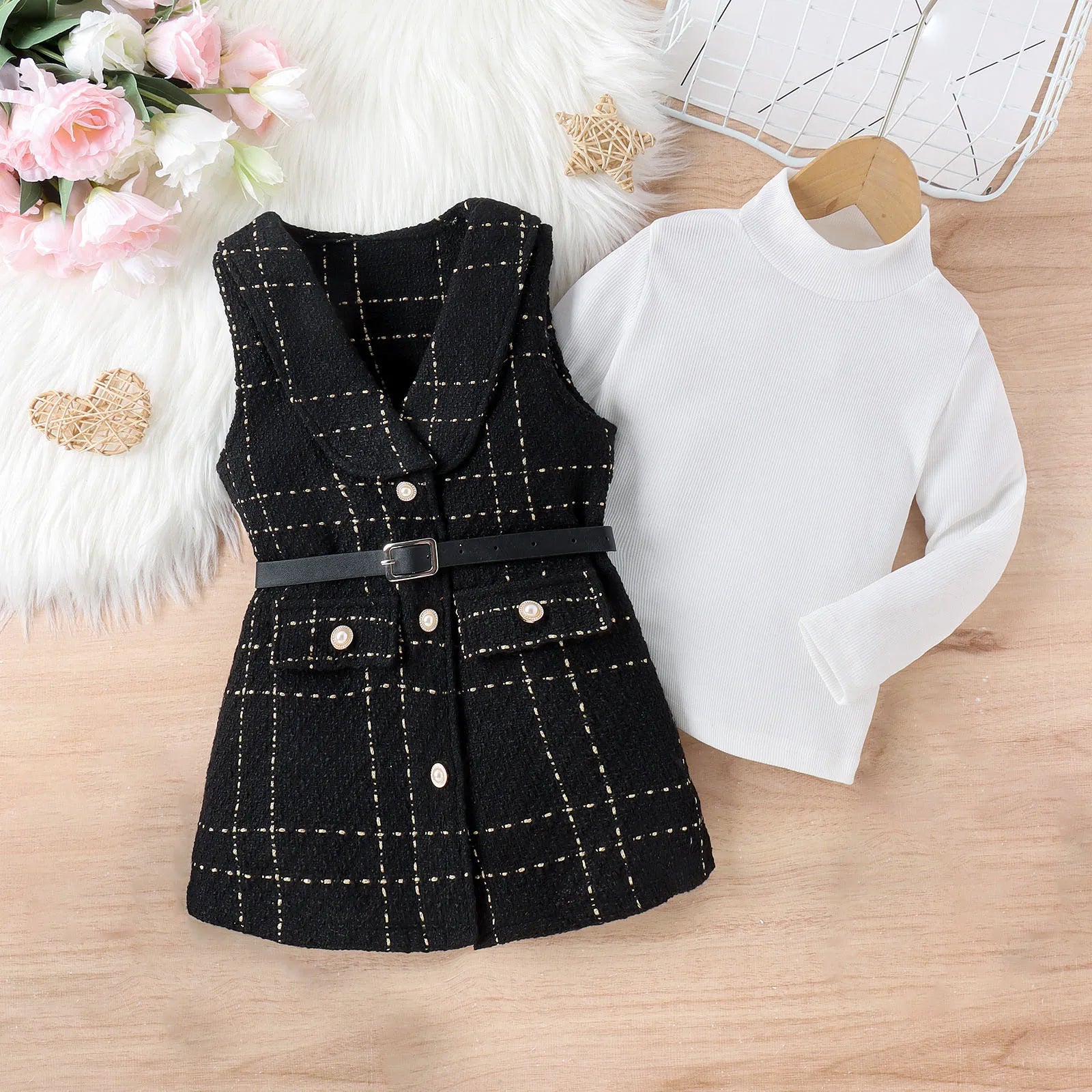 MOMSTAG Girls Fall Sleeveless Jacket Dress with Belt+Long Sleeve Ribbed Tops Sets