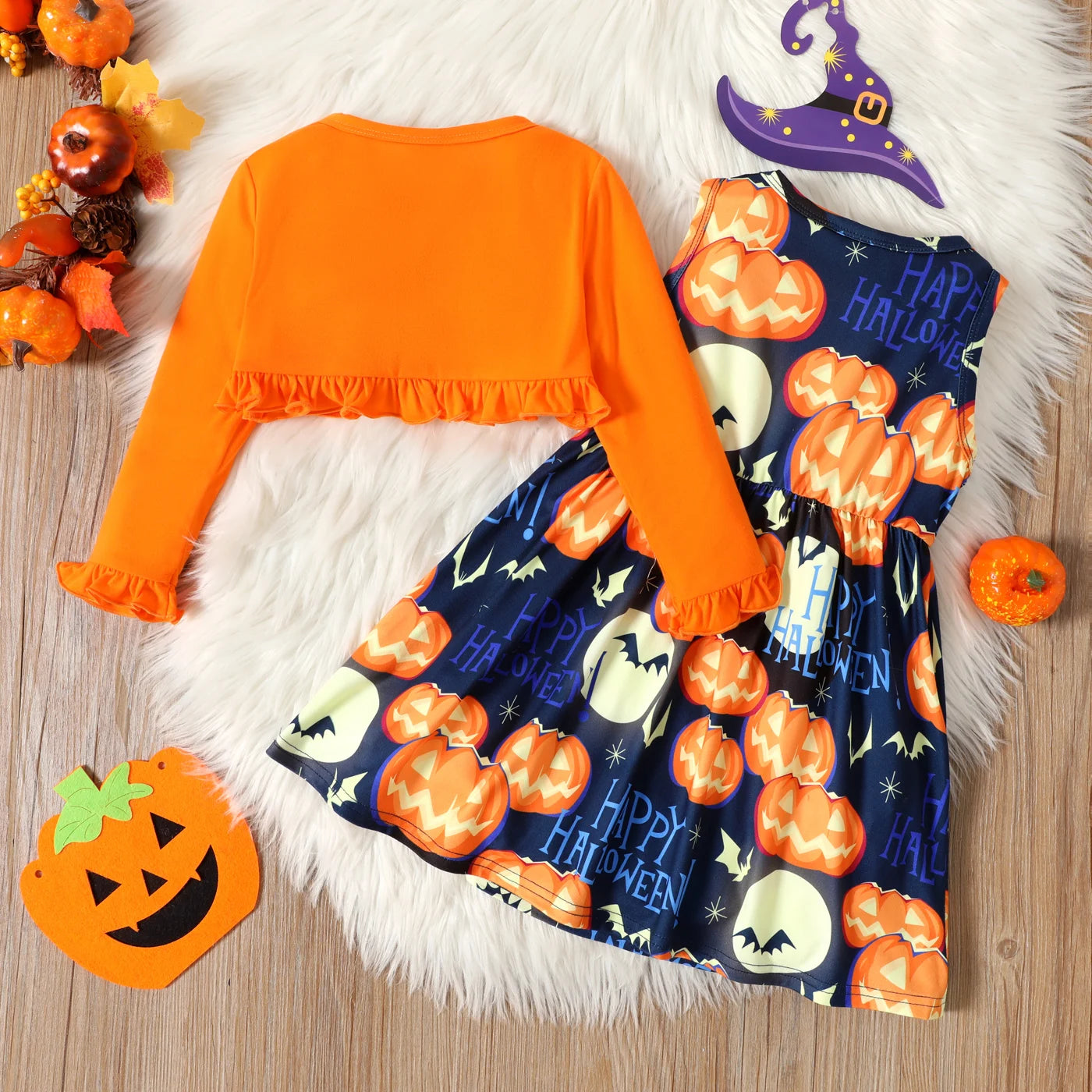 Pumpkin Print Sleeveless Dress and Ruffled Cardigan Set for Toddler Girls