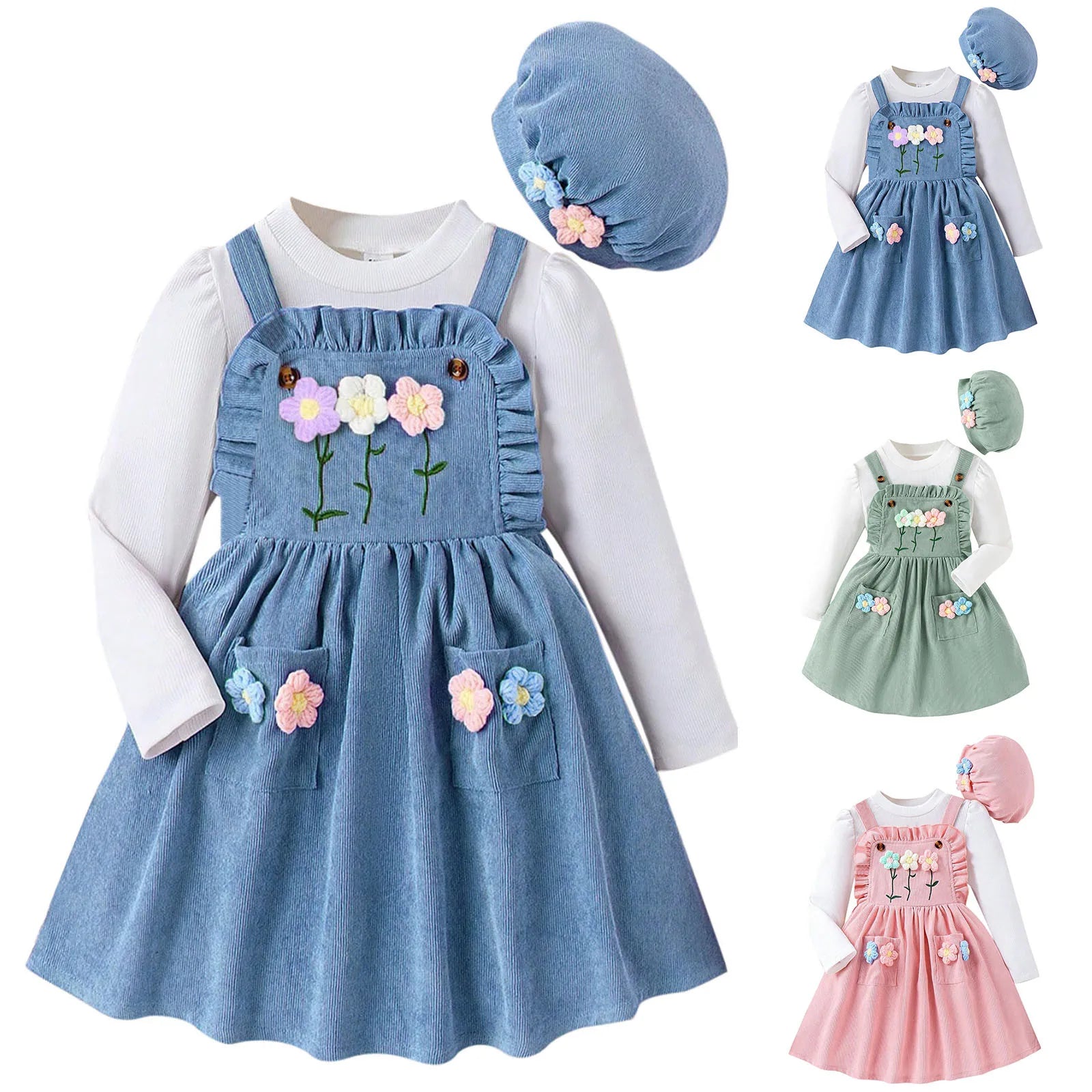 MOMSTAG Girls Top+Floral Splice Suspenders Dress+Cap 3 Pieces Set