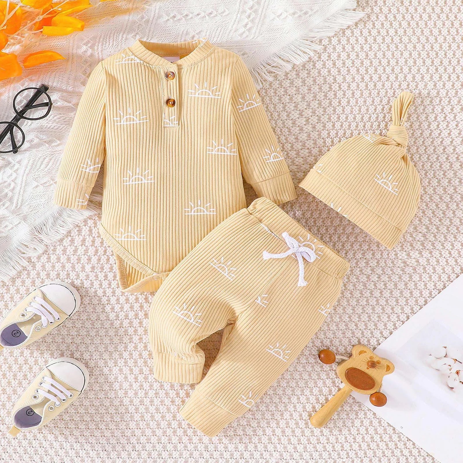 MOMSTAG Newborn Winter Cotton Long Sleeve Bodysuits Pants Hat 3Pcs