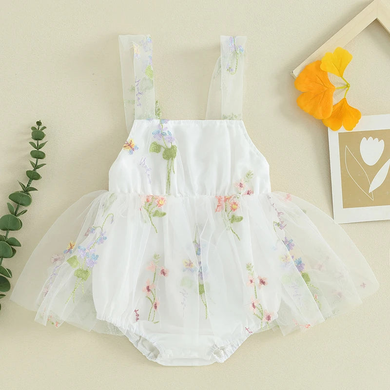 Tie Up Mesh Flower Embroidery Cami Bodysuit for baby girl