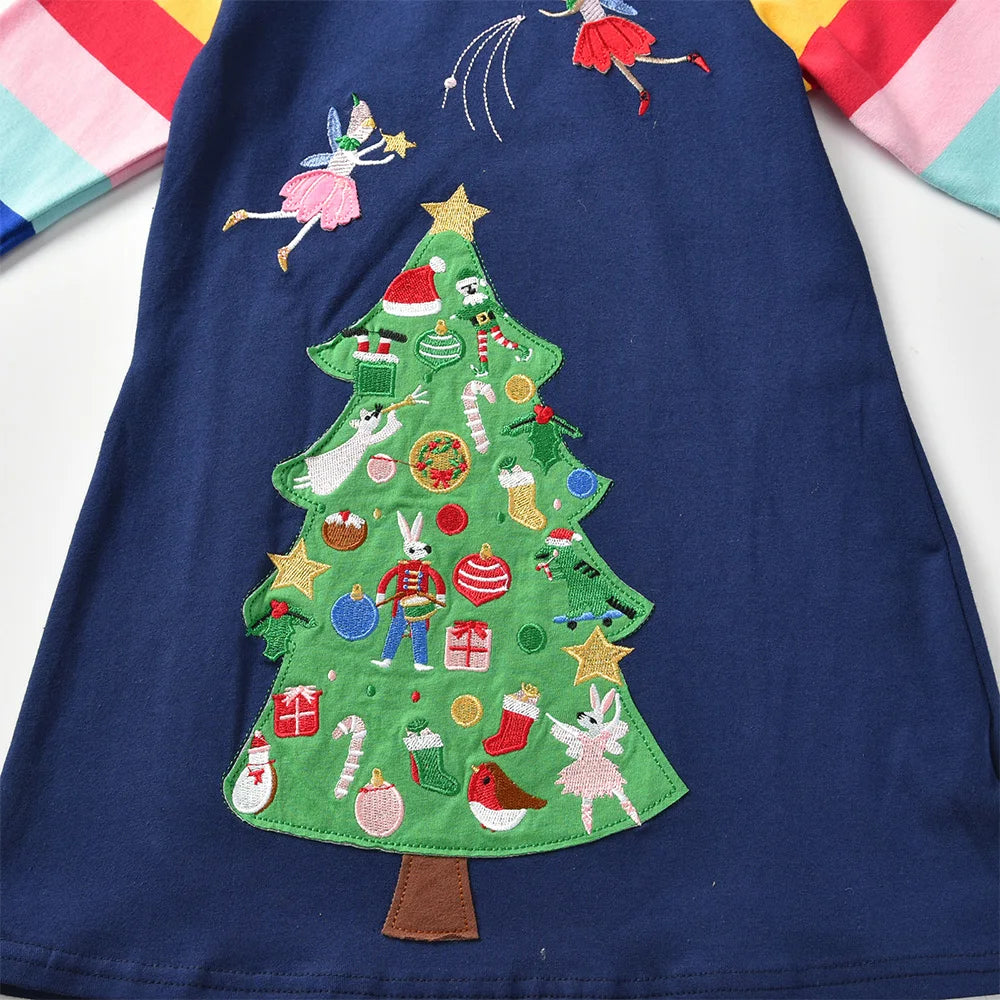 Girls Christmas Tree Appliqued Dress