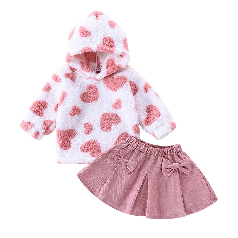 MOMSTAG Toddler Girl Winter Warm Hoodie Bow Elastic Waist Skirt 2 Piece Set