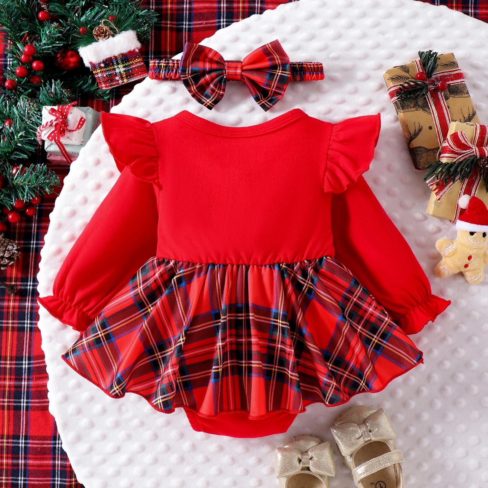 Baby Girl Christmas Plaid Bodysuit Set