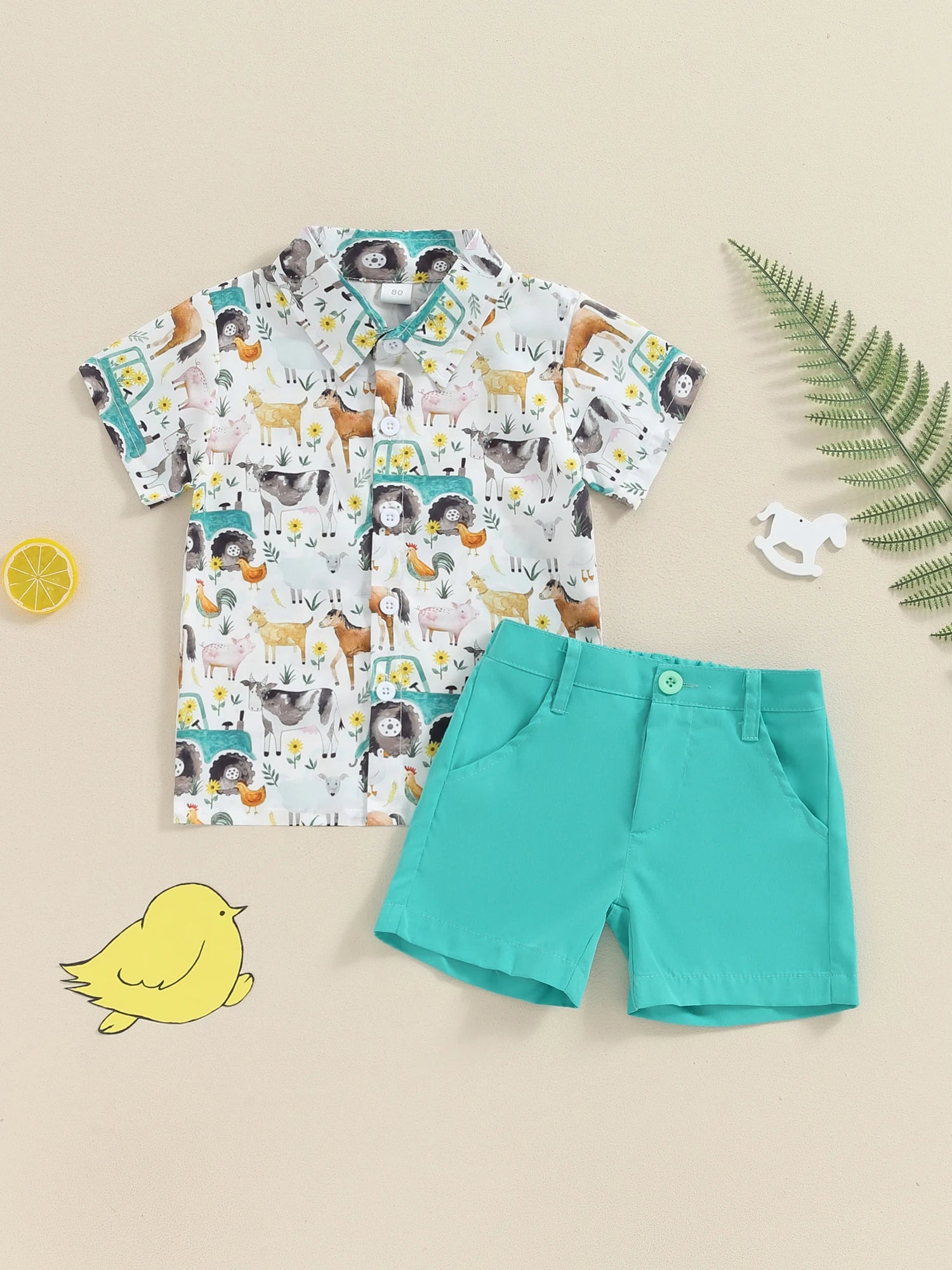 Baby Boy Summer Outfit Short Sleeve Farm Animal Print Shirt Top and Casual Shorts Set