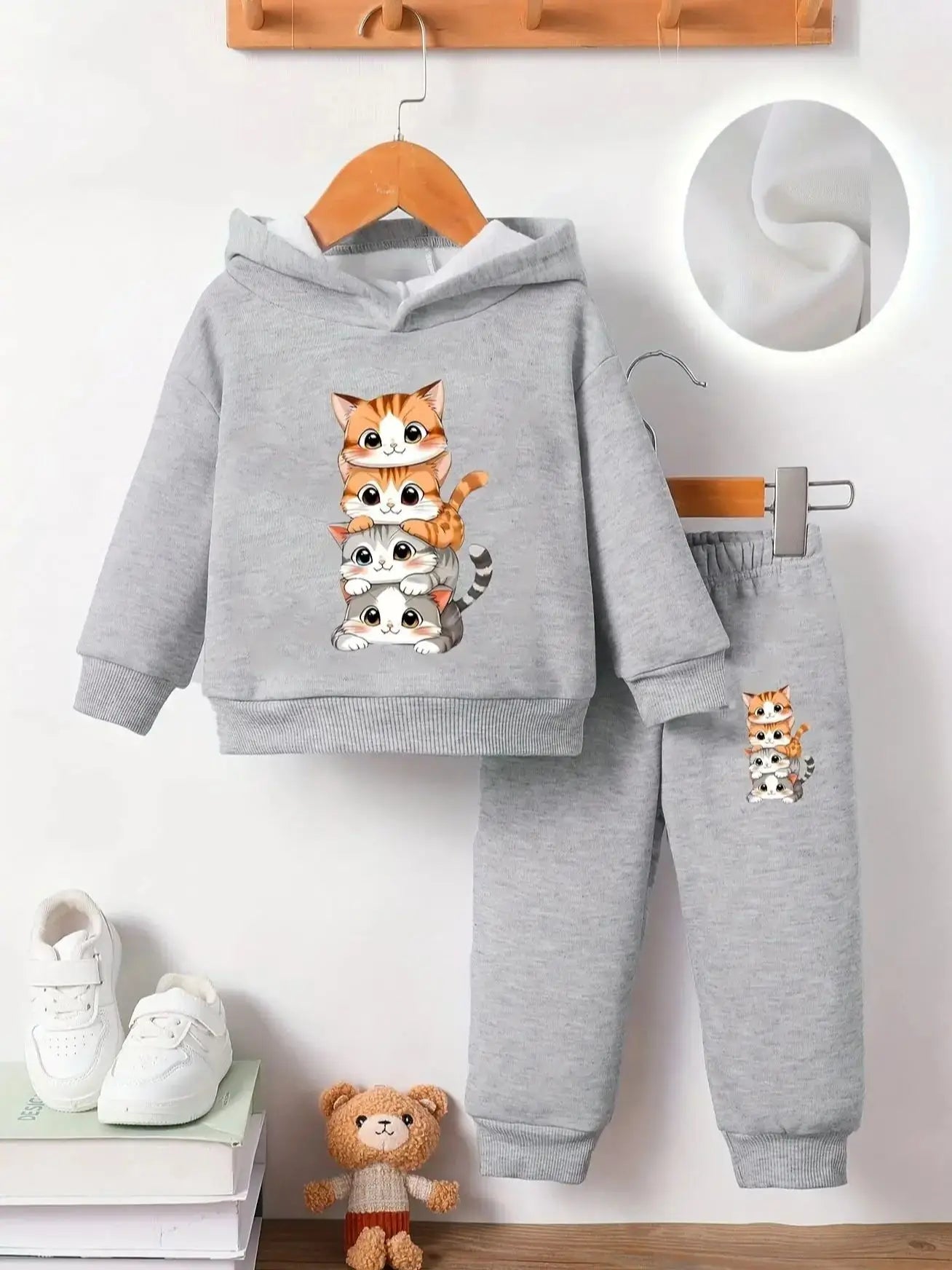 Baby Cat Cartoon Fleece Hoodie Set
