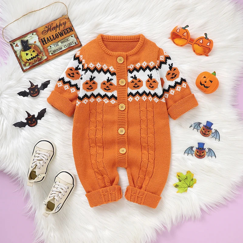 Long Sleeve Single-Breasted Newborn Knit Jumpsuits for Halloween