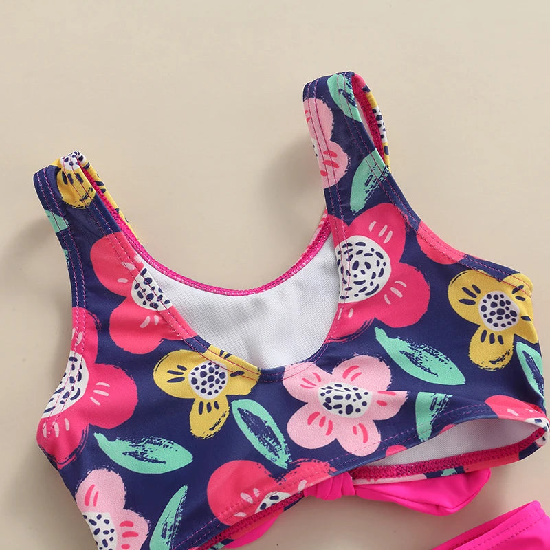 Floral Print Front Girl's Swimwear 2pcs Twist Knot Vest Tops with Underpants