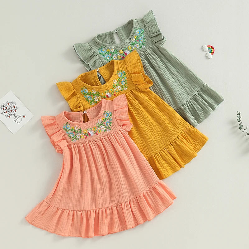 Sleeveless Ruffle Cotton Linen Flare Dress for Girls