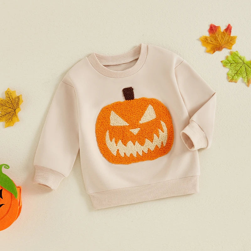 Little Boy and Girl Halloween Pumpkin Embroidery Sweatshirt