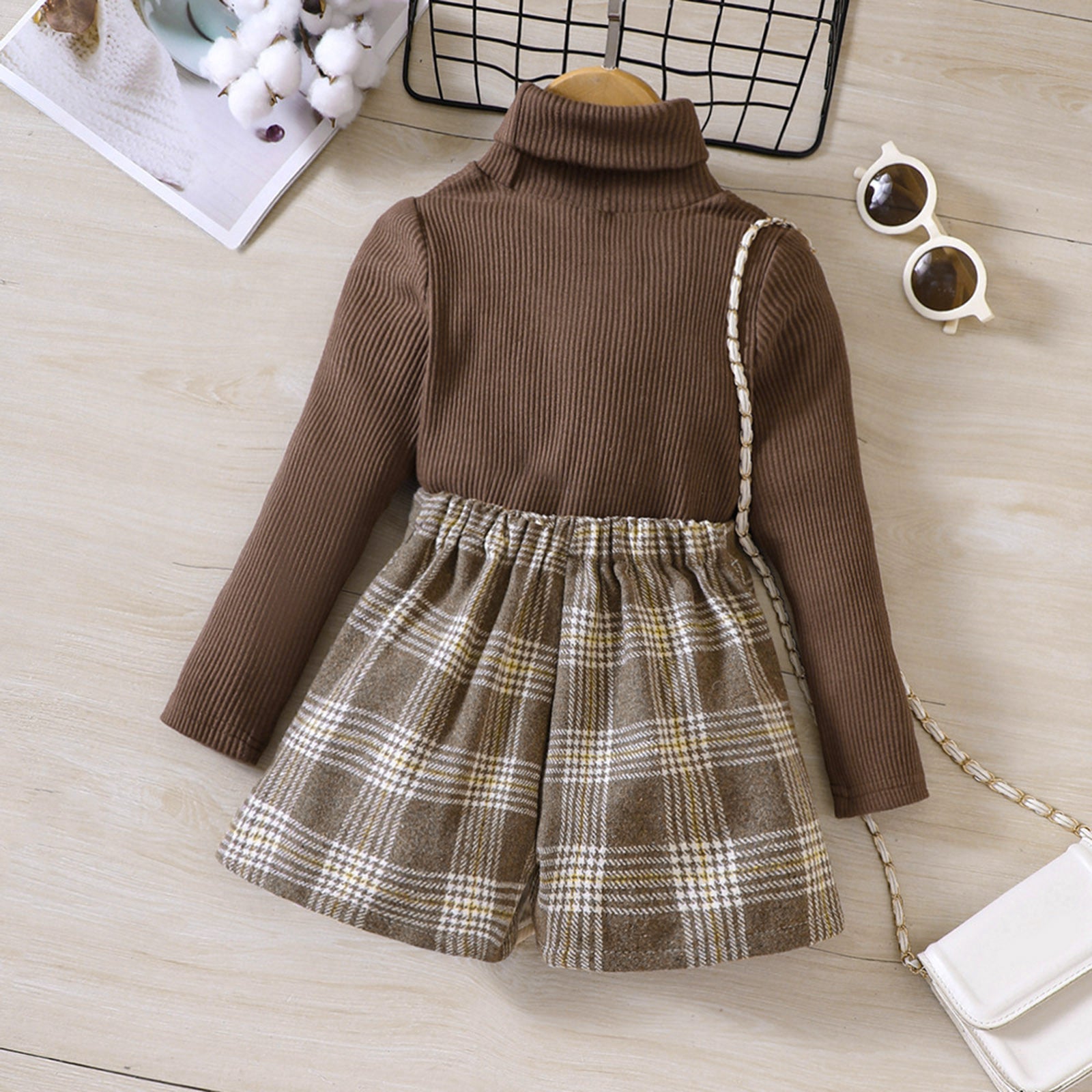 MOMSTAG Girl Autumn Turtleneck Tops + Plaid Print A-Line Skirt