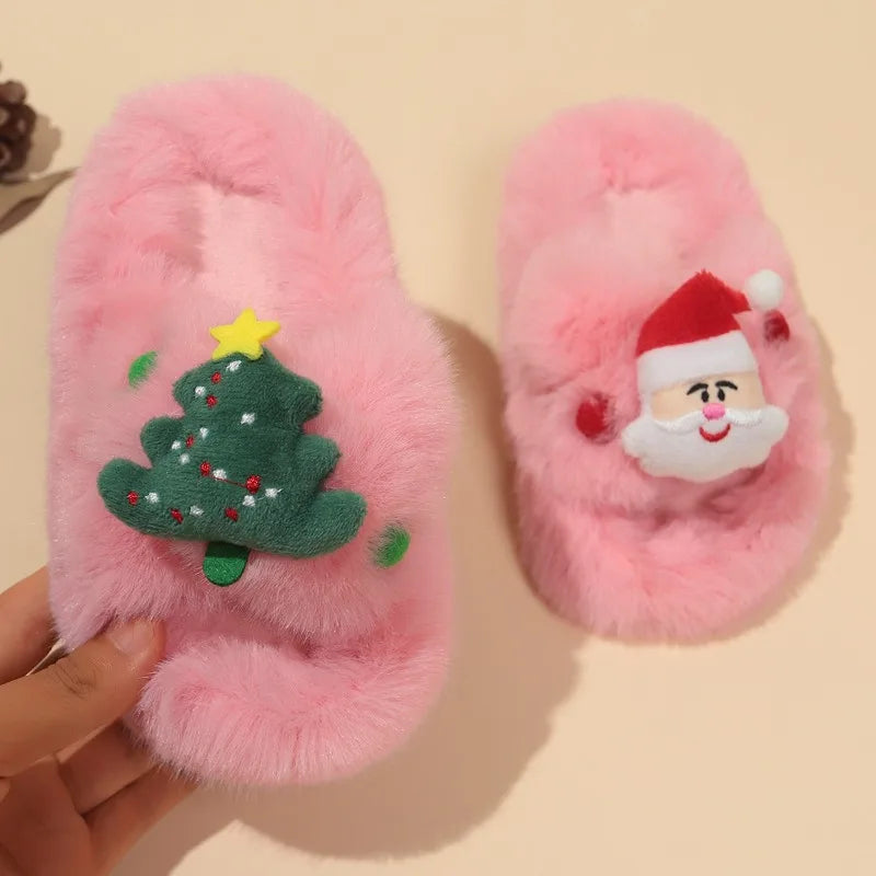 Girls Pink Christmas Plush Warm Slippers