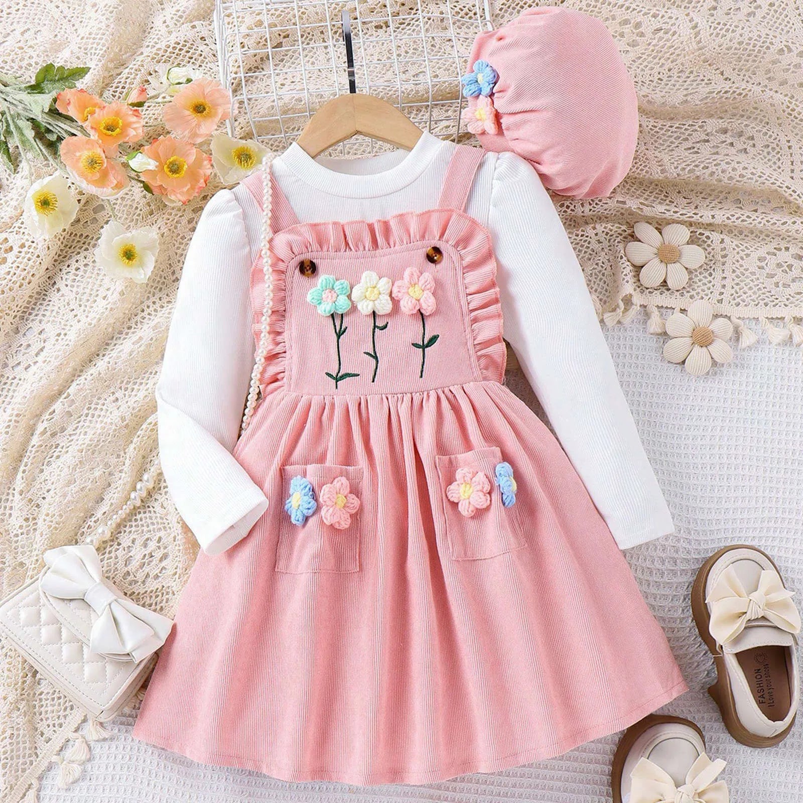 MOMSTAG Girls Top+Floral Splice Suspenders Dress+Cap 3 Pieces Set