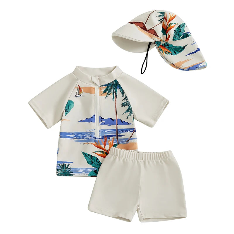 Zipper Closure Short Sleeve Rash Guard Swimsuit set with Trunks Hat for Boys