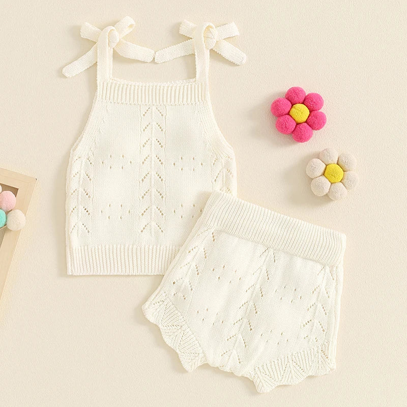 Knitted Outfit, Tie-up Camisole with Elastic Waist Shorts 2-piece Outfit for gils