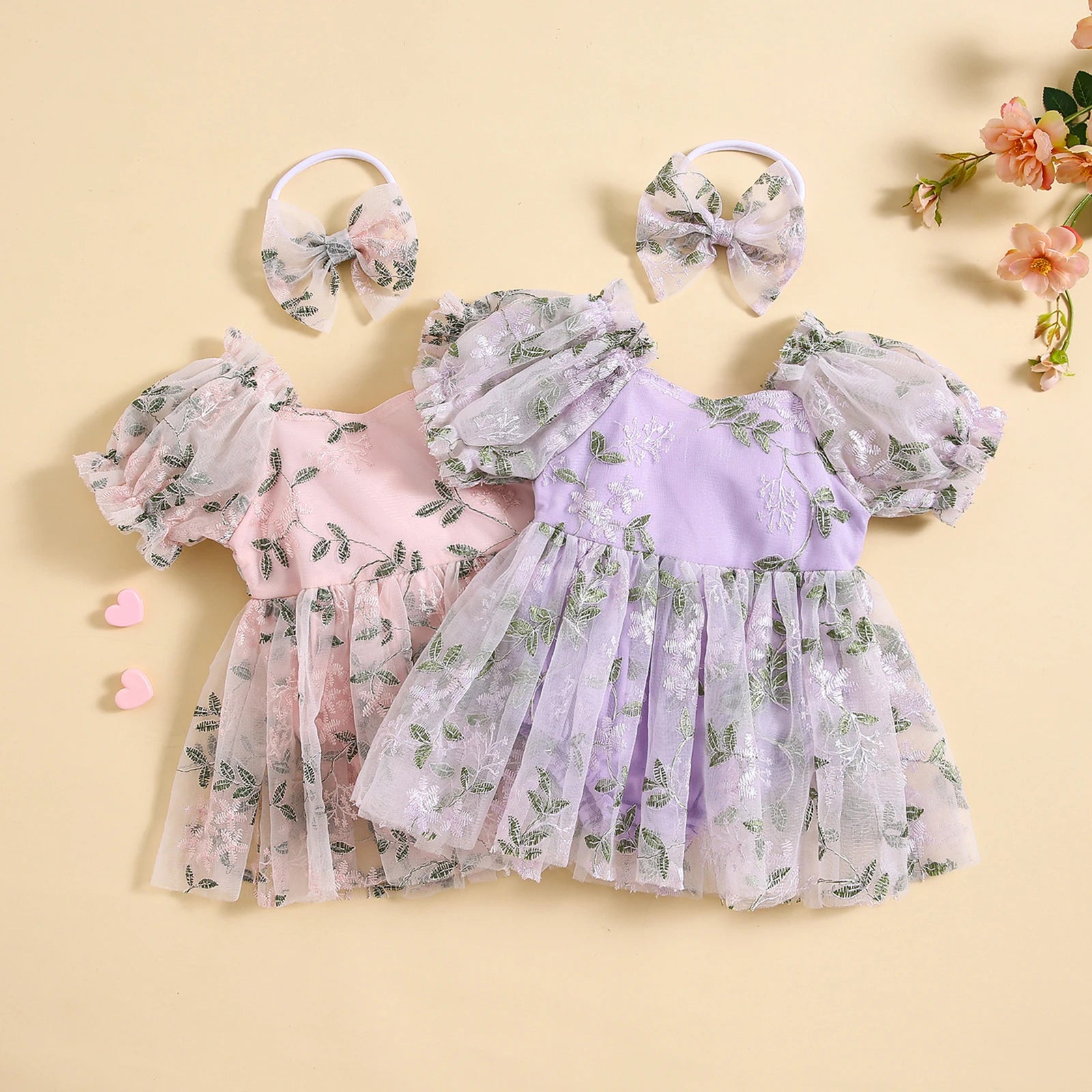 Floral Embroidery Puff Sleeve A-line Romper with Bowknot Headband Outfits for baby girls