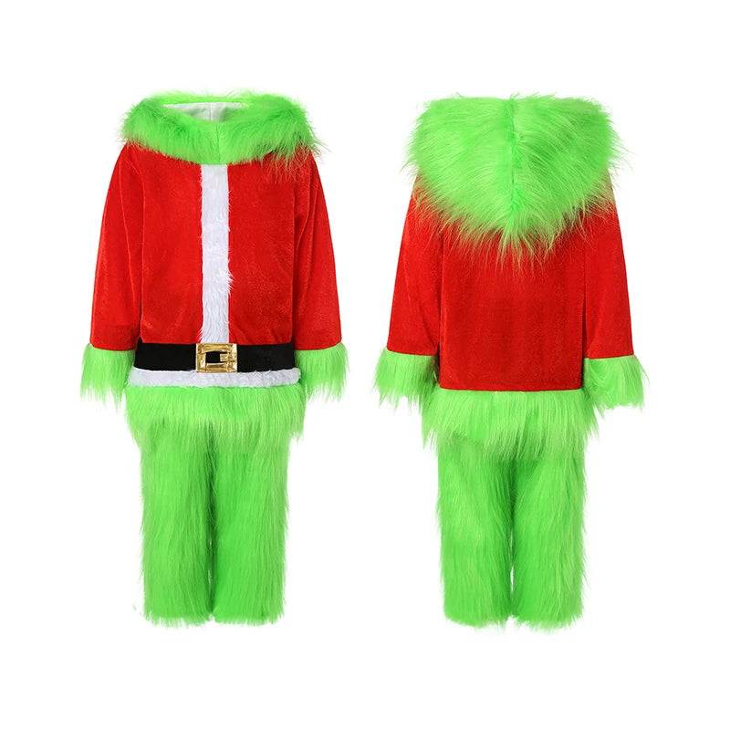 Boys Cosplay Costume Green Furry Monster Santa Claus Suit Xmas Clothes Set