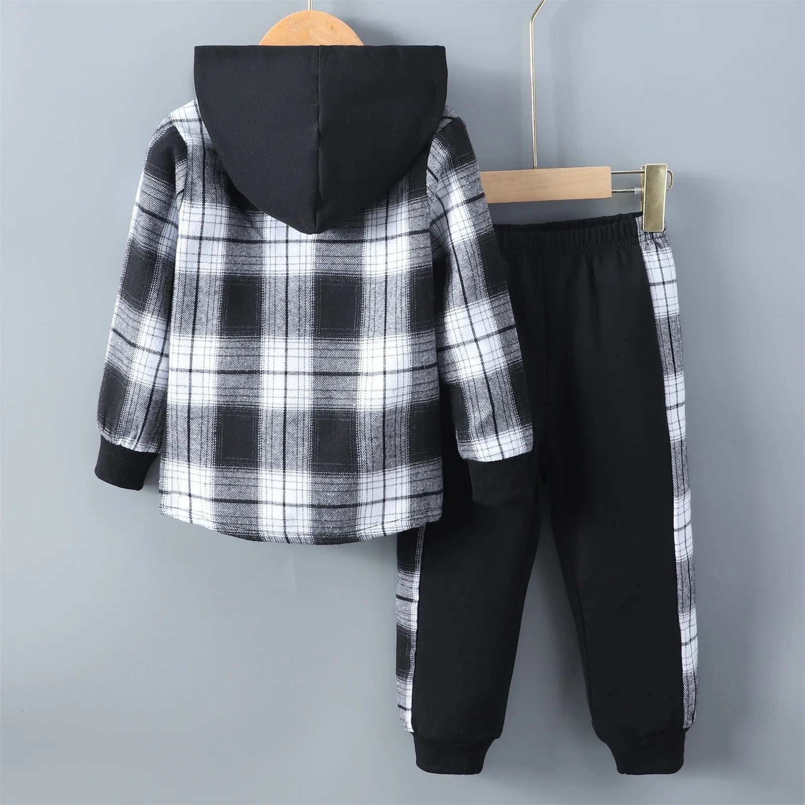 MOMSTAG Boys' Plaid Hooded Jacket & Sweatpants Set