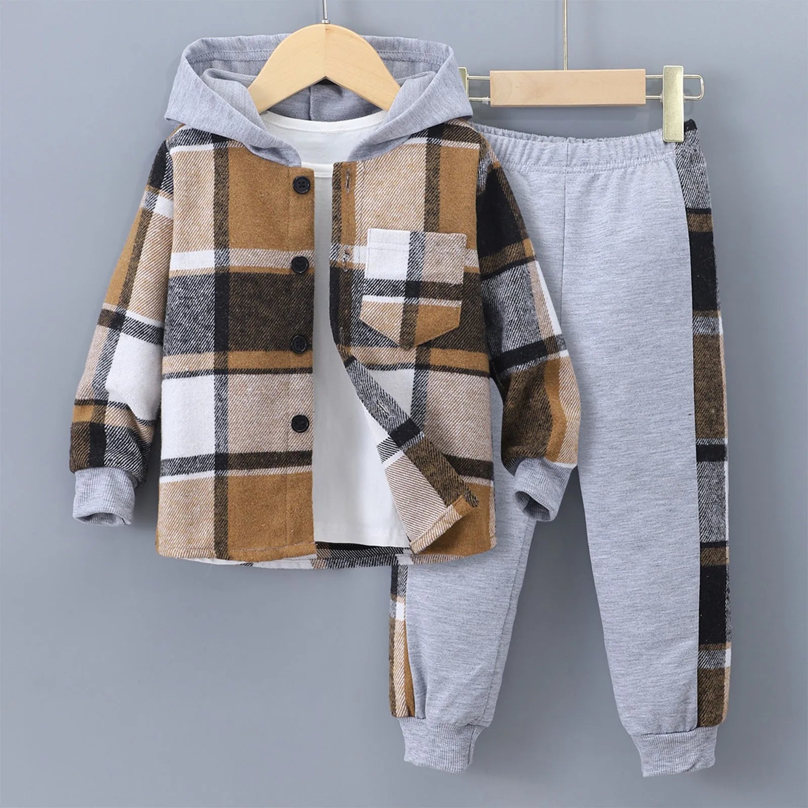 MOMSTAG Boys' Plaid Hooded Jacket & Sweatpants Set