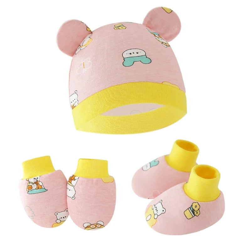 3pcs/set Cotton Cap with Anti Scratch Mittens and Foot Cover for newborns