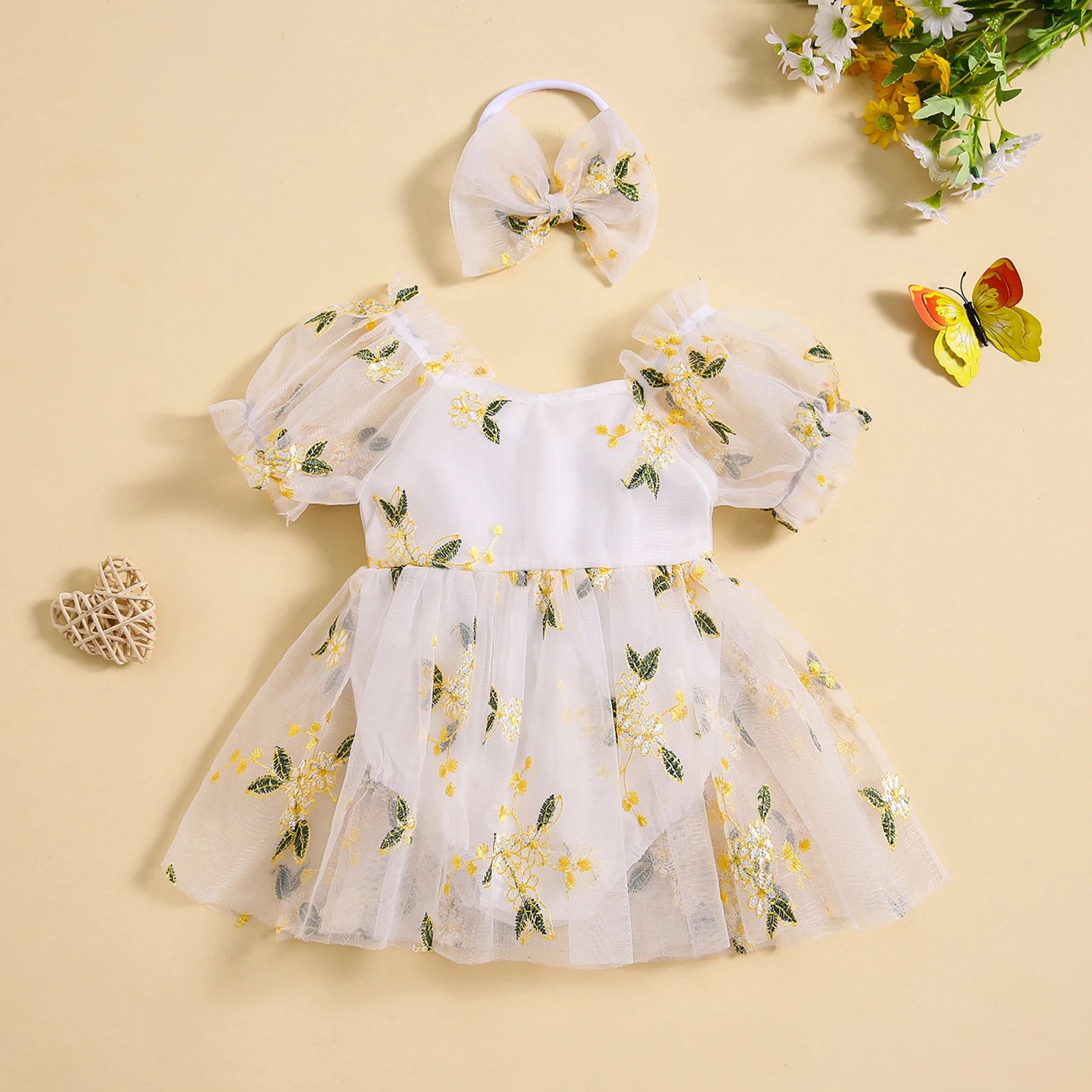 Floral Embroidery Puff Sleeve A-line Romper with Bowknot Headband Outfits for baby girls