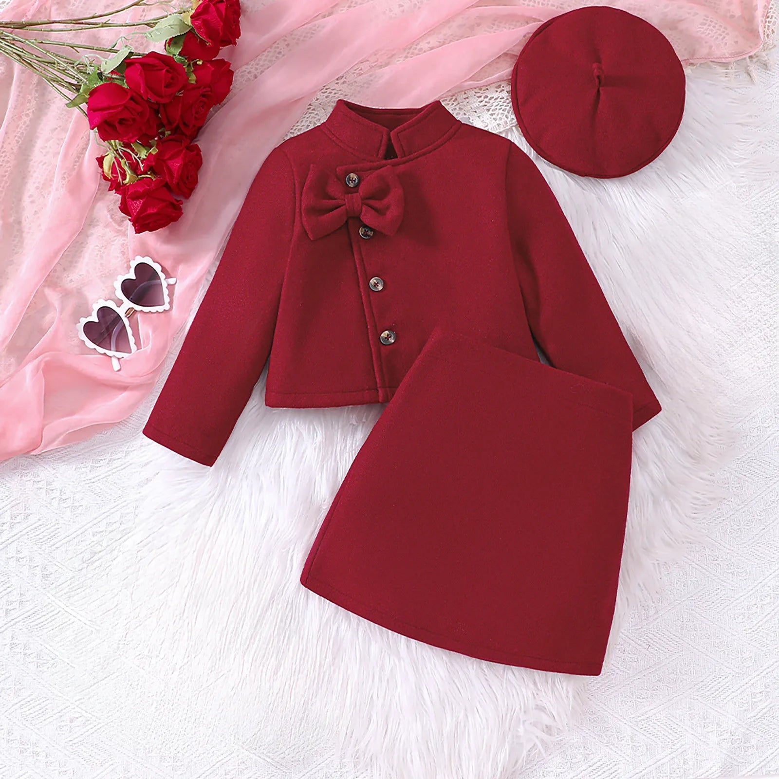 MOMSTAG Baby Girl Winter Standing Collar Double Row Button Woolen Coat With Hat