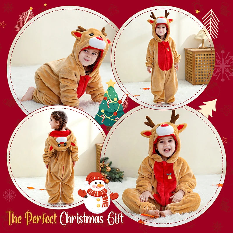 Baby Deer Christmas Romper with Antlers Flannel Jumpsuit