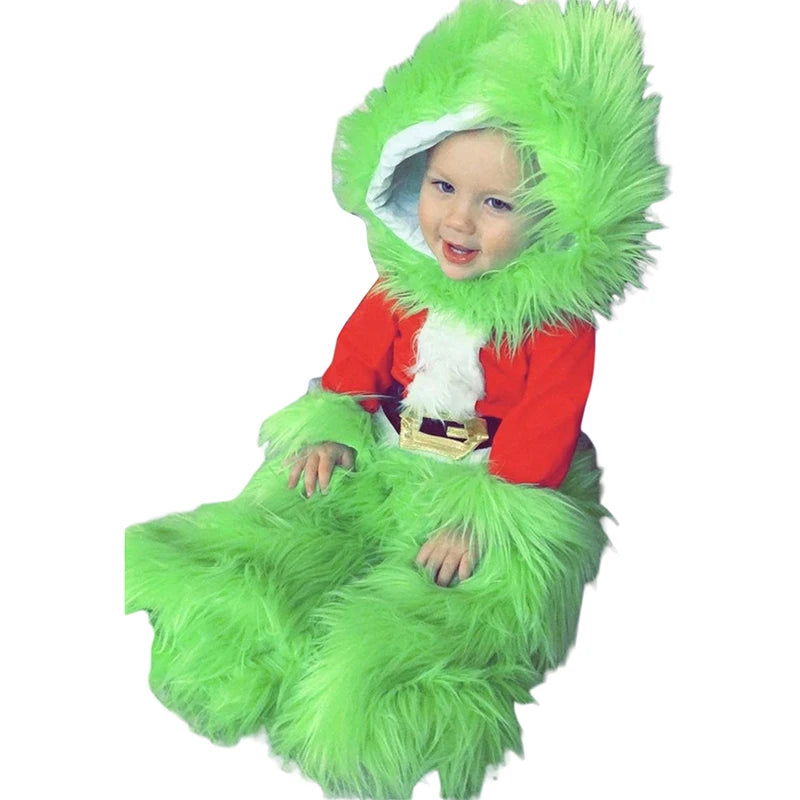 Boys Cosplay Costume Green Furry Monster Santa Claus Suit Xmas Clothes Set