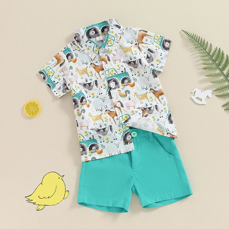 Baby Boy Summer Outfit Short Sleeve Farm Animal Print Shirt Top and Casual Shorts Set