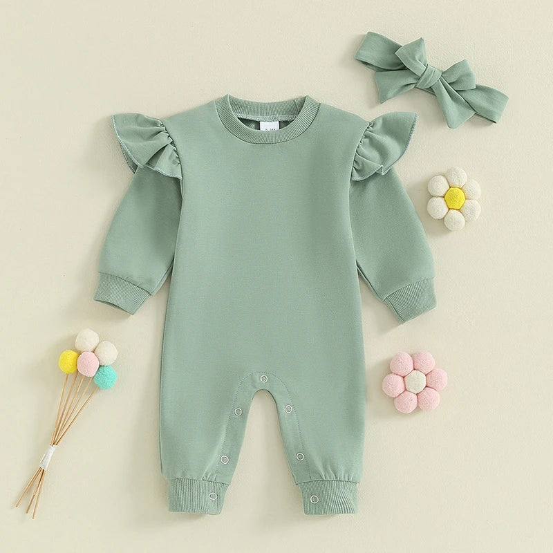 MOMSTAG Newbron Solid Ruffle Romper  Jumpsuit Headband Set Winter Outfit