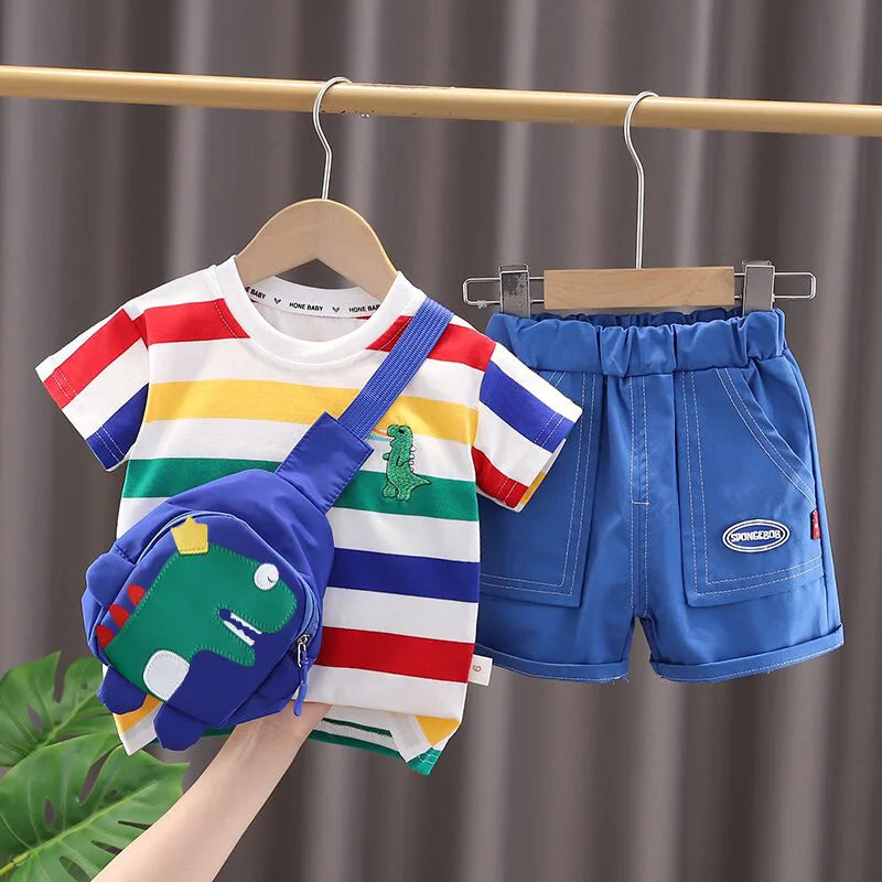 Cartoon Dinosaur O-neck T-shirt+Shorts+Bag for Toddler Boys