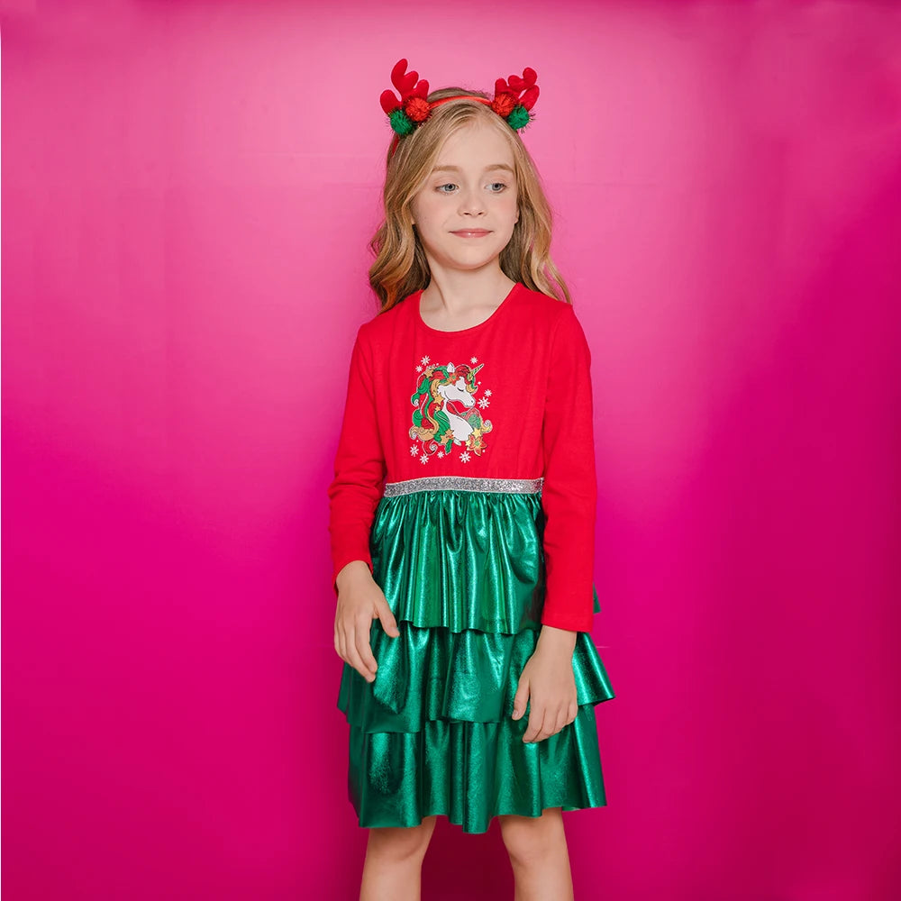 Girls’ Christmas Unicorn Patchwork Dress