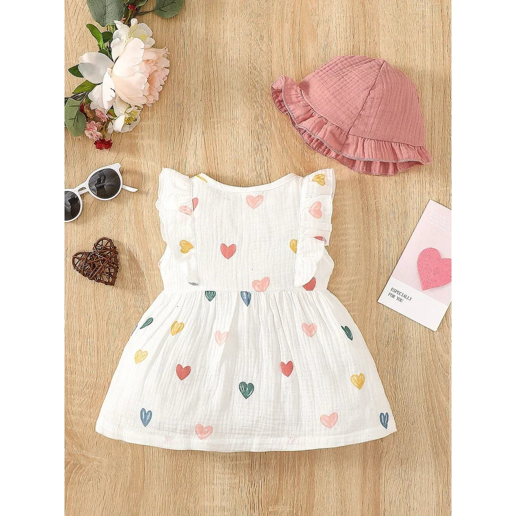 MOMSTAG Newborn Baby Girl 2-Piece Love Print Sleeveless Dress & Hat Set