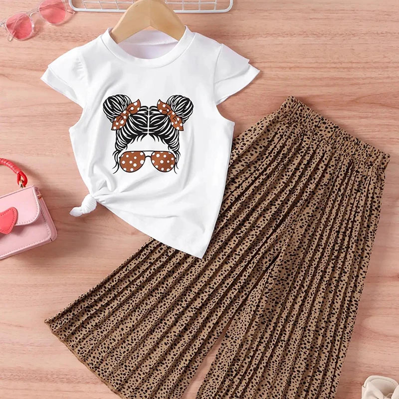 Short Sleeved+Wide Leg Pants Casual Two Piece Set for Girls