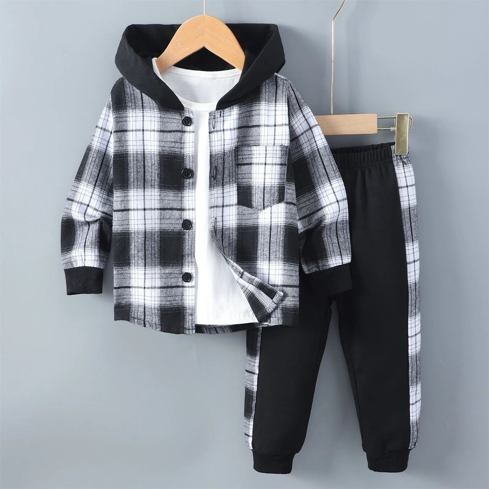 MOMSTAG Boys' Plaid Hooded Jacket & Sweatpants Set