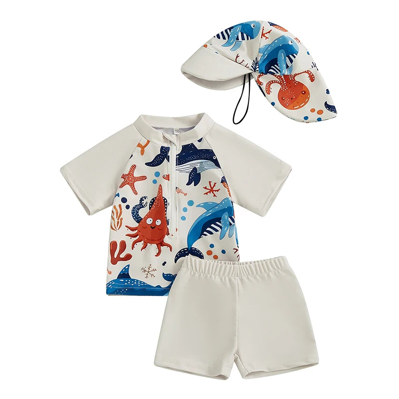 Zipper Closure Short Sleeve Rash Guard Swimsuit set with Trunks Hat for Boys