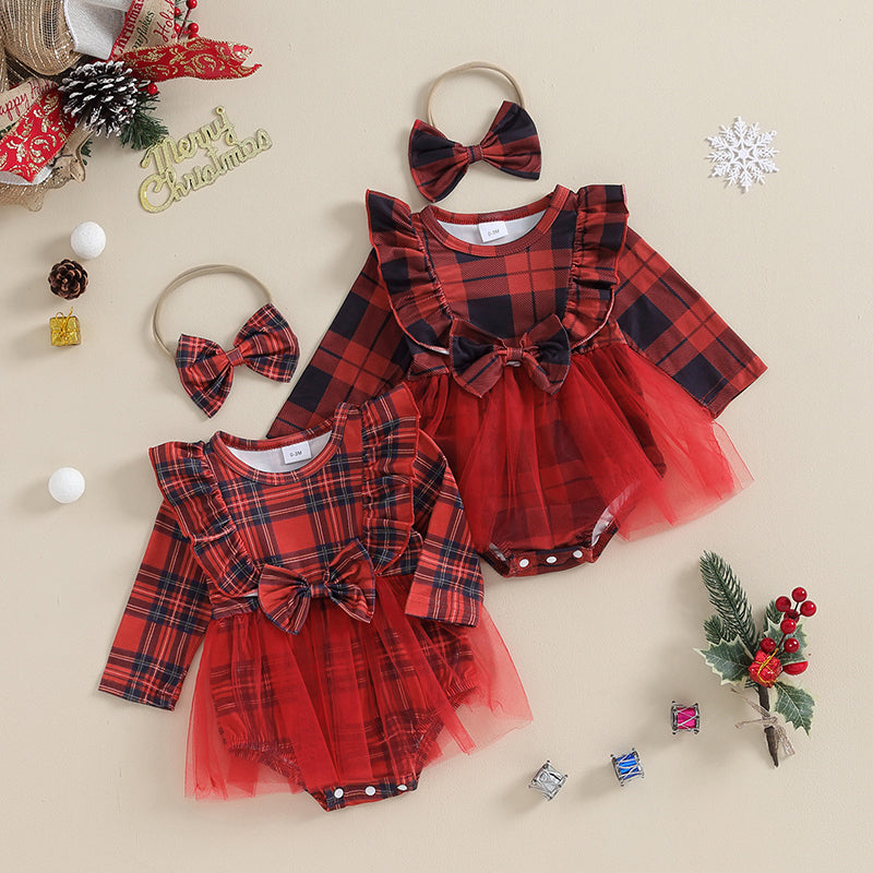 Plaid Print Mesh Long Sleeve Toddler Romper Christmas Dress and Headband 2pcs Sets