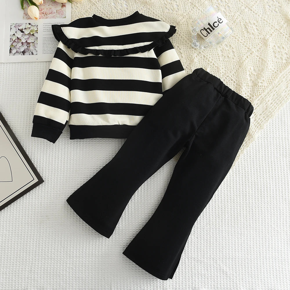 Menoea Long SleeveAutumn and Winter New  Large Lapel Pleated Stripe Top+Bell-bottoms Two Piece Girls' Set