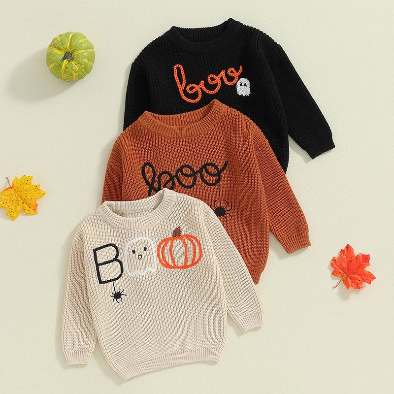 Baby Girls Boys Halloween Sweater Pumpkin Ghost Spider Letter Embroidered Long Sleeve Pullovers Fall Tops