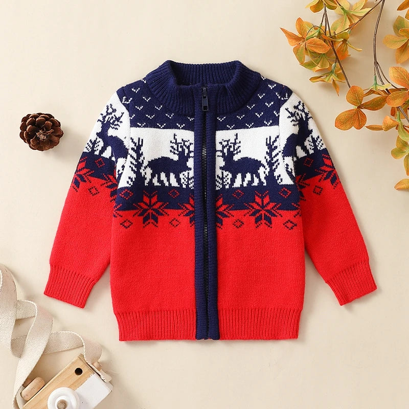 MOMSTAG Boys Christmas Knitted Long Sleeve Zipper Knit Sweater Coat