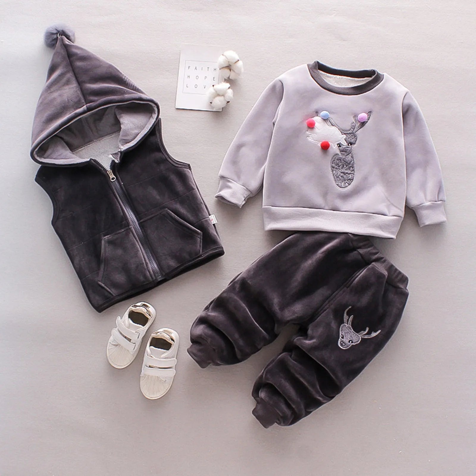 MOMSTAG Baby Winter Velvet Thick Warm Casual Hooded Sweater 3Pcs Set