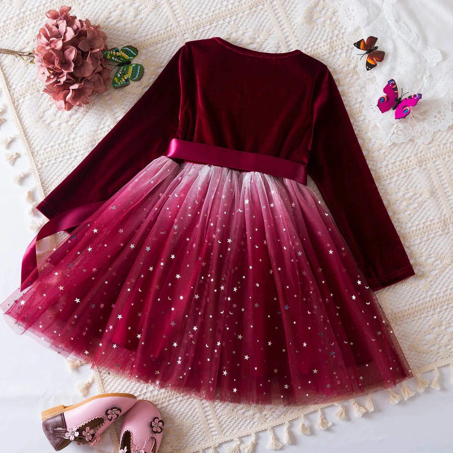 Girls Autumn Winter Long Sleeve Bow Sequin Princess Dress