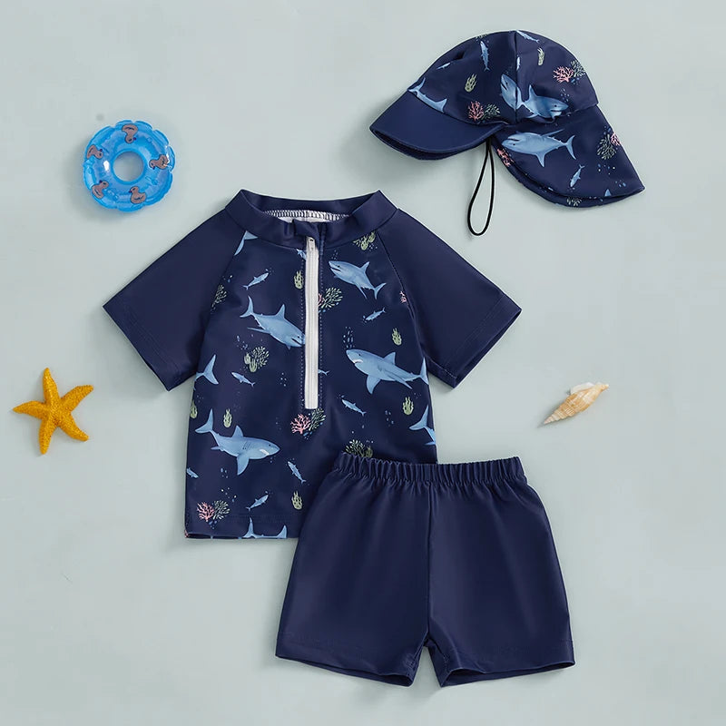Zipper Closure Short Sleeve Rash Guard Swimsuit set with Trunks Hat for Boys