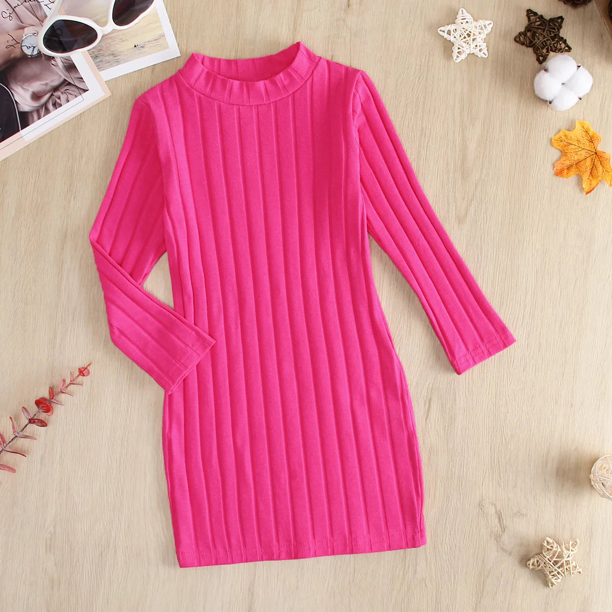 MOMSTAG Winter Girls O-Neck Long Sleeve Dolid Knitting Pencil Dress