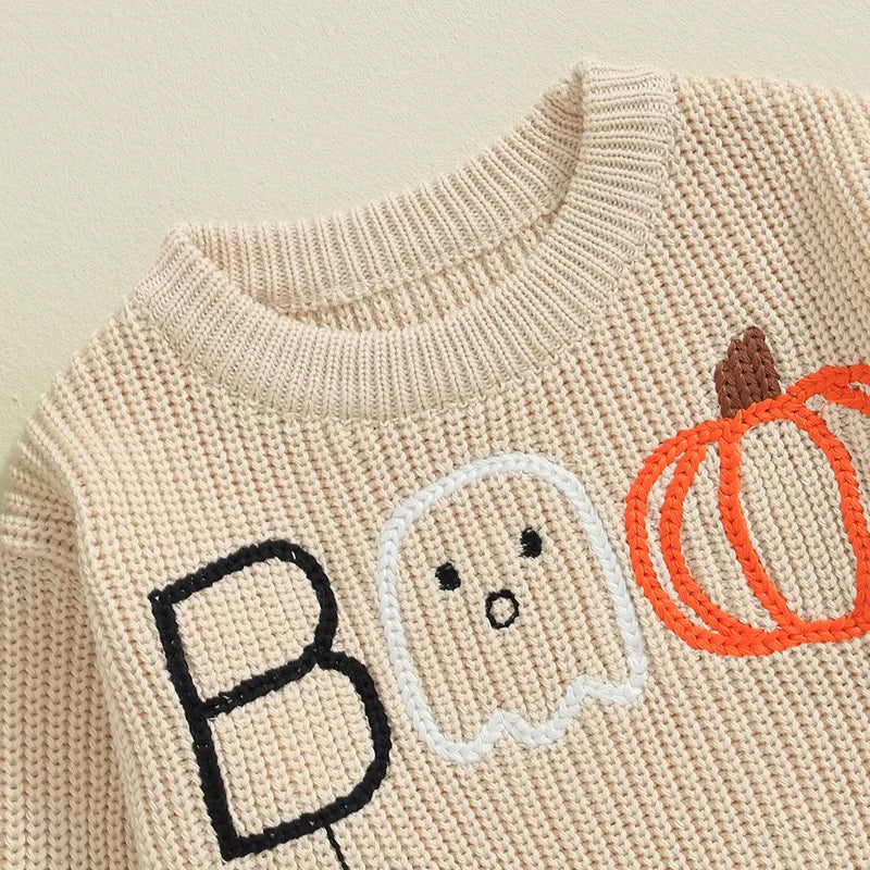 Baby Girls Boys Halloween Sweater Pumpkin Ghost Spider Letter Embroidered Long Sleeve Pullovers Fall Tops