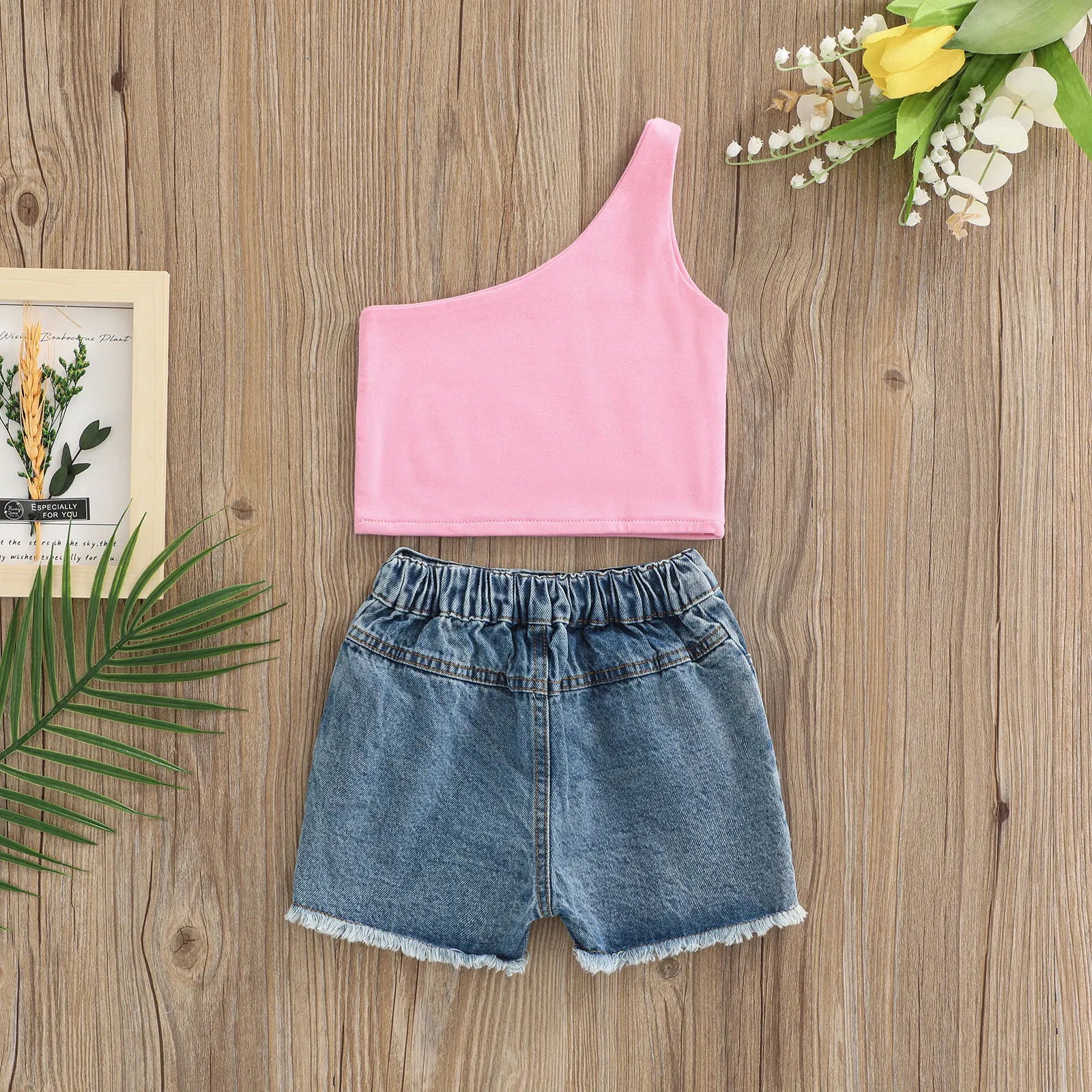 Pink Sleeveless One Shoulder Top + Ripped Denim Shorts