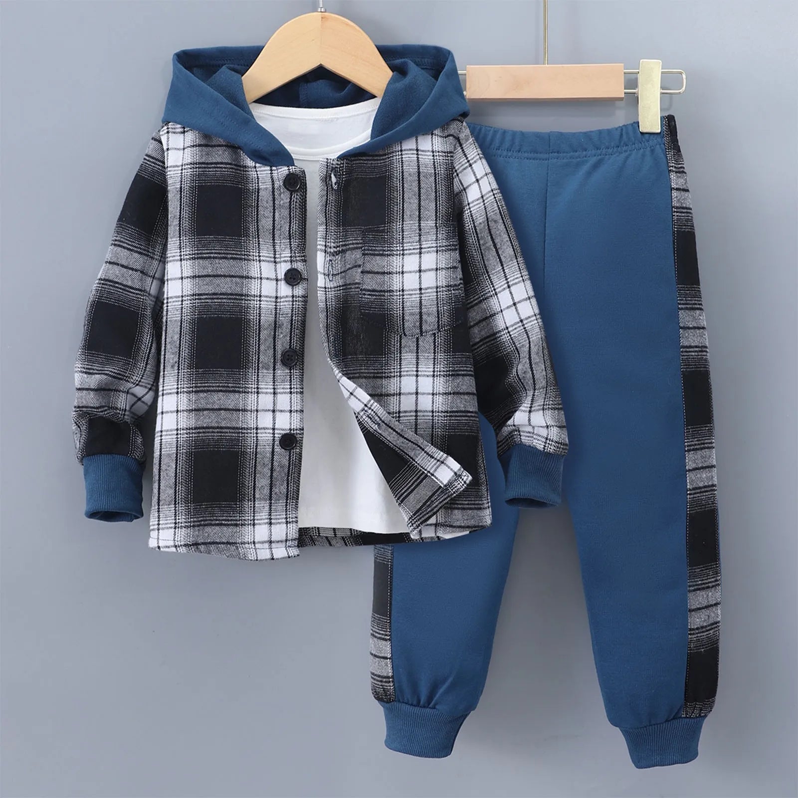 MOMSTAG Boys' Plaid Hooded Jacket & Sweatpants Set