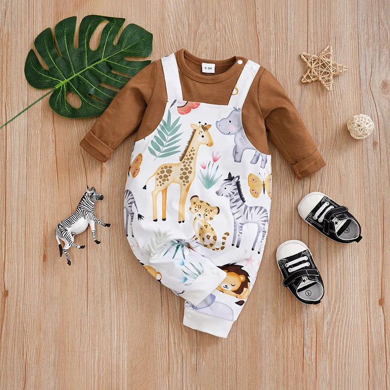 MOMSTAG Newborn Cute Cartoon Animal Print Long-Sleeve Jumpsuit