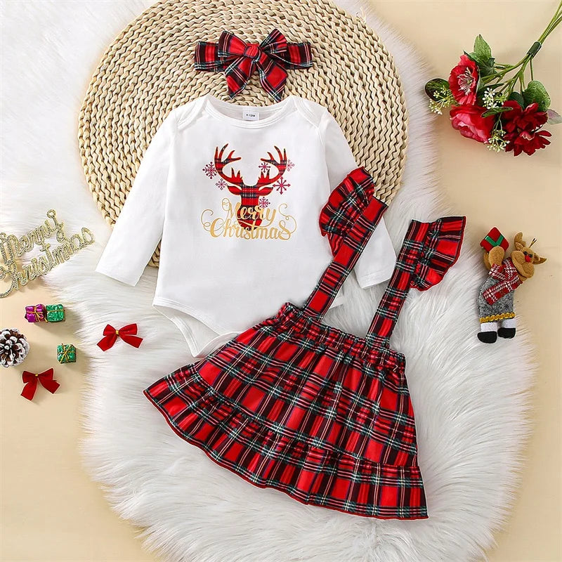 Toddler Girls Christmas Outfits Skirt Set Long Sleeve Romper Plaid Suspender Skirt and Headband