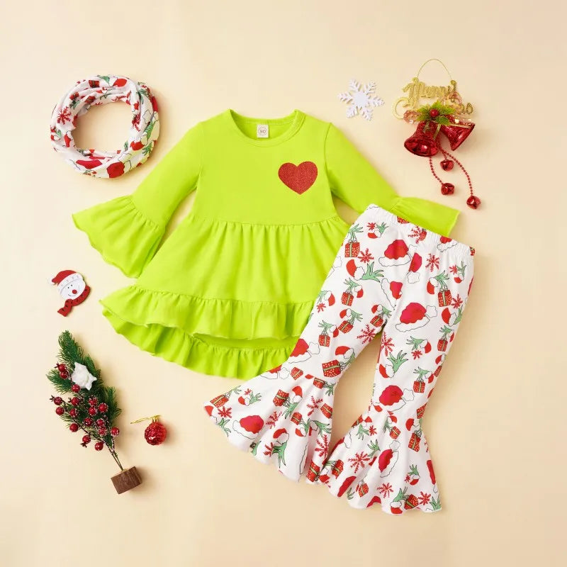 MOMSTAG Girls Falbala Tops Santa Claus Printed Christmas 3Pcs Set